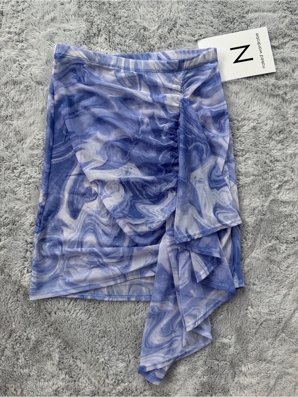 Naked Wardrobe Swim Mesh Ruched Ruffle Mini Skirt Marble Swirl Blue XS